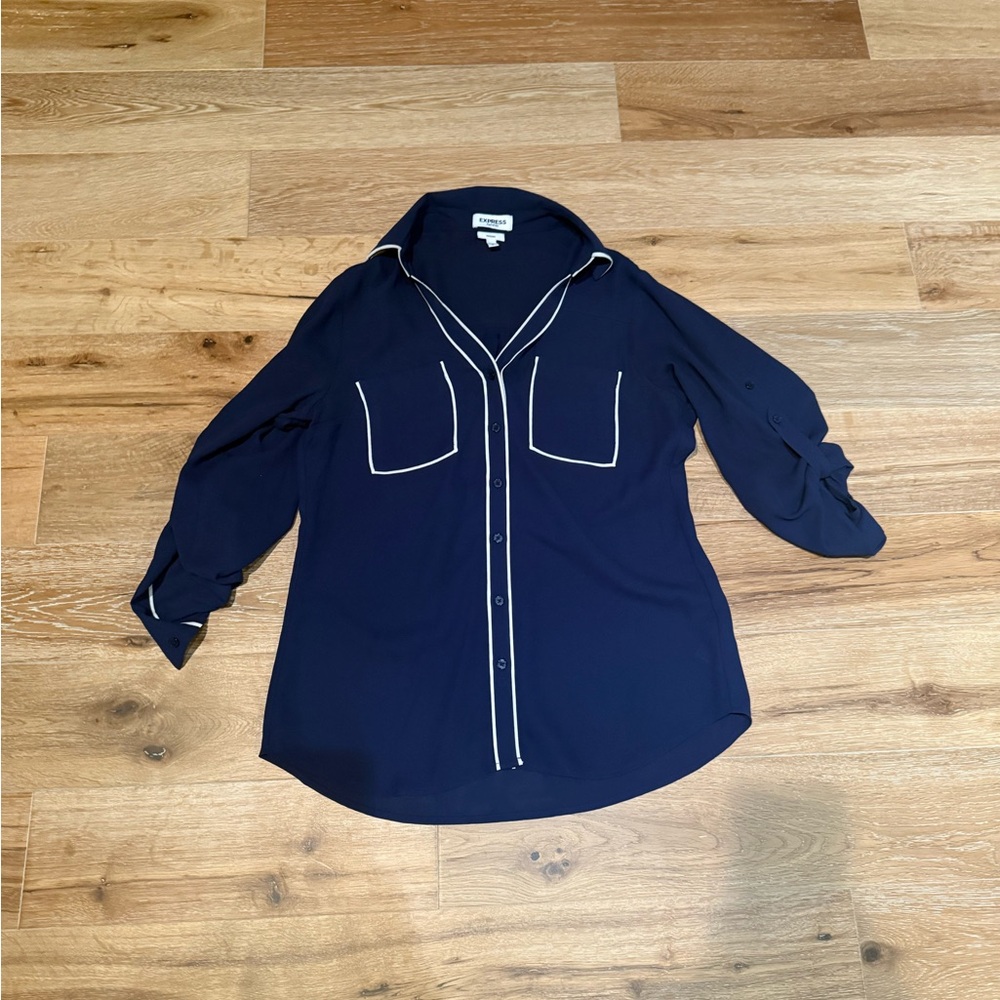 Express Dark Blue Blouse with white Accents